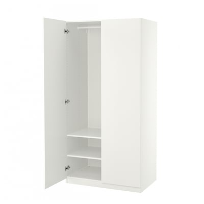 White PAX wardrobe with open doors, metal rail, three shelves.