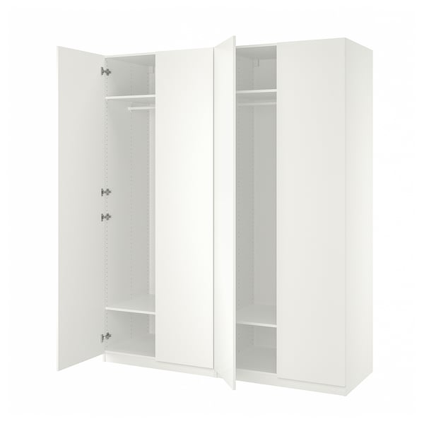 White PAX wardrobe with open doors, showing empty interior. Modern, minimalist design.