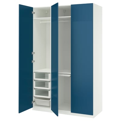 Blue and white PAX wardrobe with open doors, shelves, and drawers.
