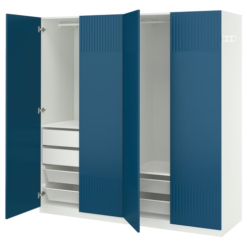 Blue PAX wardrobe with mesh drawers revealed.