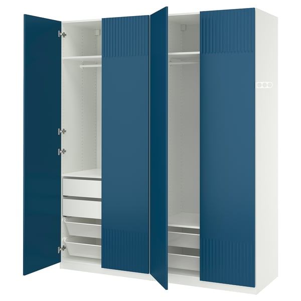Blue PAX wardrobe: 3 sections, 2 drawers, 2 shelves. Soft-close doors.