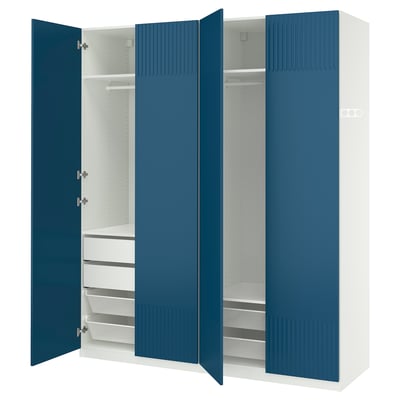 Blue PAX wardrobe: 3 sections, 2 drawers, 2 shelves. Soft-close doors.