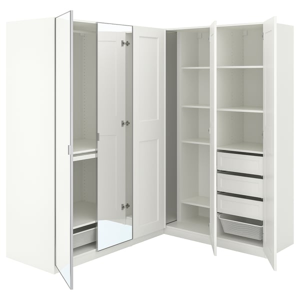 White PAX corner wardrobe with mirrored and open sections, multiple shelves, and organisers for efficient storage.