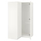Ikea PAX white wardrobe. Tall, rectangular, corner unit. Two hinged doors, open for view.