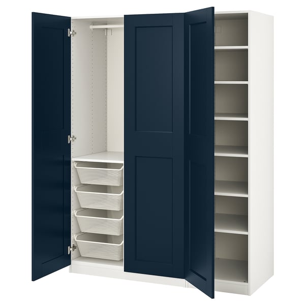 Open blue-white PAX wardrobe, showing mesh baskets and shelves.