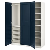 Open blue-white PAX wardrobe, showing mesh baskets and shelves.