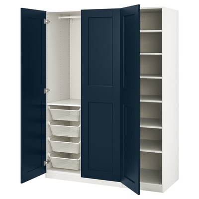 Open blue-white PAX wardrobe, showing mesh baskets and shelves.