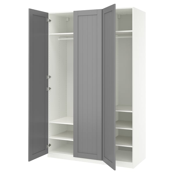 An open, gray, modern wardrobe with multiple shelves.