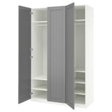 An open, gray, modern wardrobe with multiple shelves.