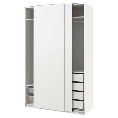 White PAX wardrobe with glass doors, sliding doors, and pull-out shelves.