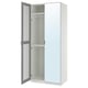 White PAX wardrobe with mirror door, featuring soft close hinges and adjustable feet.