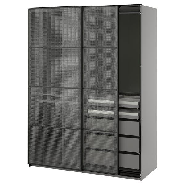 PAX / LUNDBRÄSMA Wardrobe with sliding doors, dark grey black/checkered glass, 150x66x201 cm