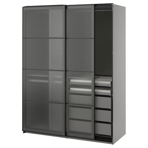 PAX / LUNDBRÄSMA Wardrobe with sliding doors, dark grey black/checkered glass, 150x66x201 cm