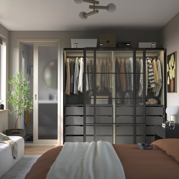 PAX / LUNDBRÄSMA Wardrobe with sliding doors, grey-beige black/checkered glass dark grey, 200x66x201 cm