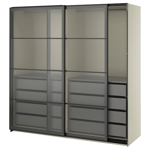 PAX / LUNDBRÄSMA Wardrobe with sliding doors, grey-beige black/checkered glass dark grey, 200x66x201 cm