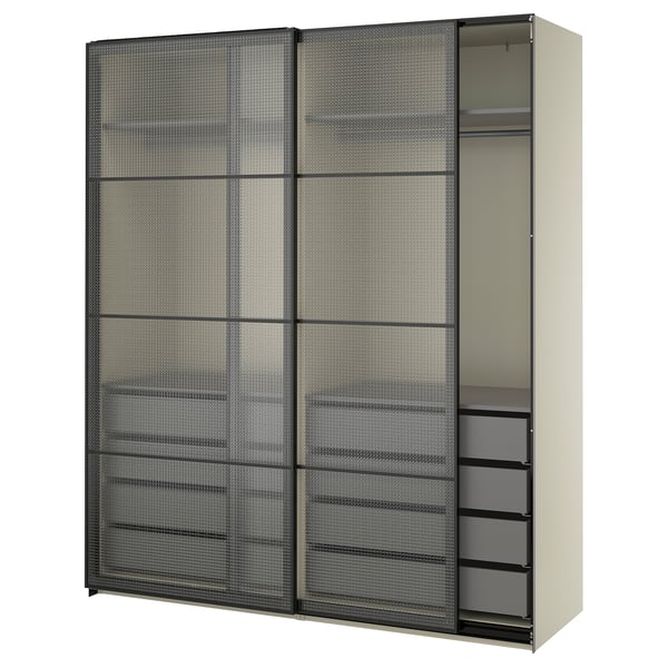 PAX / LUNDBRÄSMA Wardrobe with sliding doors, grey-beige black/checkered glass dark grey, 200x66x236 cm