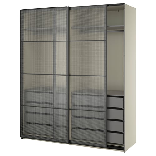 PAX / LUNDBRÄSMA Wardrobe with sliding doors, grey-beige black/checkered glass dark grey, 200x66x236 cm