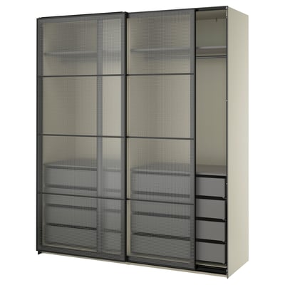 PAX / LUNDBRÄSMA Wardrobe with sliding doors, grey-beige black/checkered glass dark grey, 200x66x236 cm