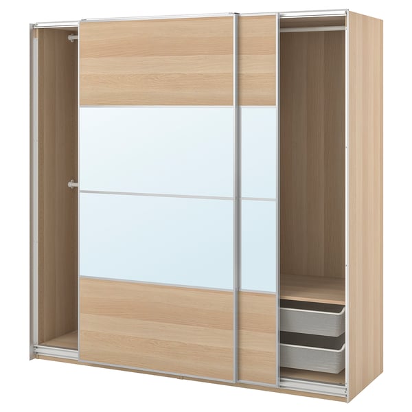 Modern wooden wardrobe with mirrored doors, light color, sliding design, and inner shelves.