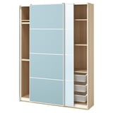PAX wardrobe with light blue mirrored doors and wooden sides, featuring adjustable shelves and mesh baskets for storage.