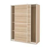 An ikea PAX wardrobe in light oak color. It multiple shelves and sliding doors with a modern, minimalist design.