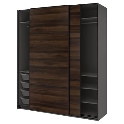 Modern PAX wardrobe in dark brown wood, sliding doors, black frame, square shape.
