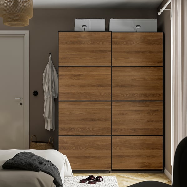 PAX / MEHAMN Wardrobe with sliding doors, dark grey black/double sided walnut, 150x66x201 cm