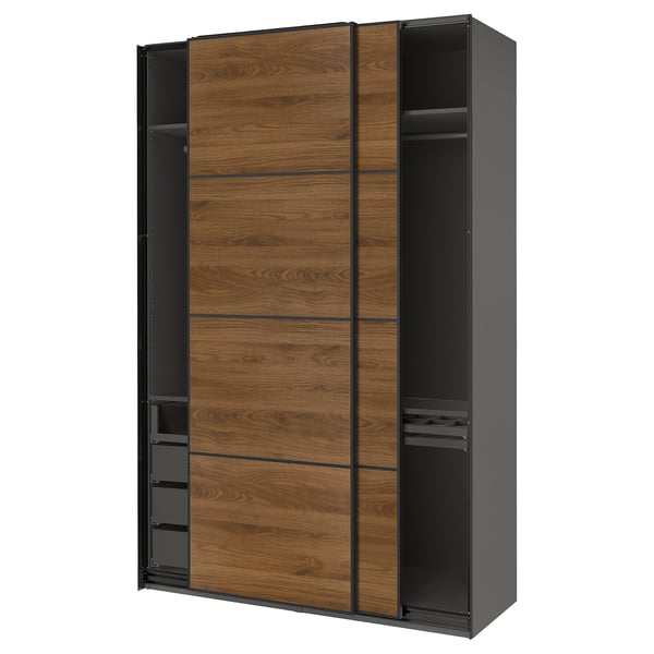 PAX / MEHAMN Wardrobe with sliding doors, dark grey black/double sided walnut, 150x66x236 cm