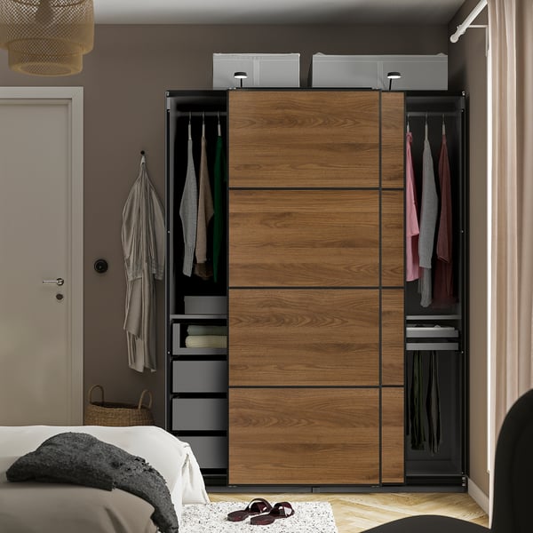 PAX / MEHAMN Wardrobe with sliding doors, dark grey black/double sided walnut, 150x66x201 cm