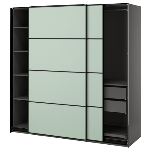 Grey ikea PAX wardrobe with glass doors & adjustable shelves.