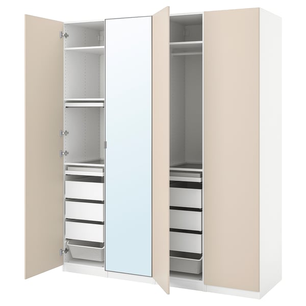 Beige PAX wardrobe with mirrored doors, open showing shelves and drawers.