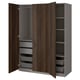 PAX wardrobe: dark wood, grey, rectangular, open doors revealing shelves & drawers.