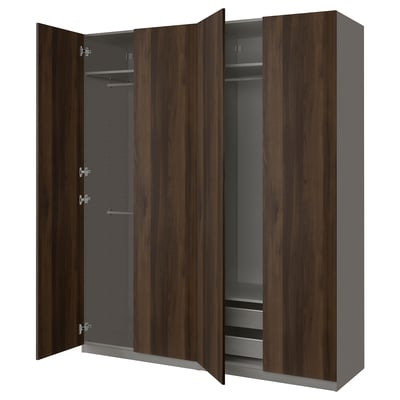 PAX wardrobe: dual dark wood doors, gray interior, hanging & shelf storage.