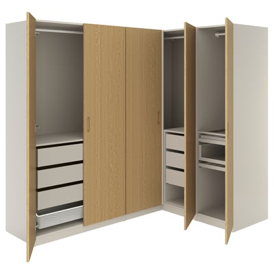 PAX / TONSTAD Corner wardrobe, grey-beige/grey-beige oak veneer, 231/161x201 cm