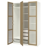 A white and wood PAX wardrobe with adjustable shelves, drawers, and mesh basket.