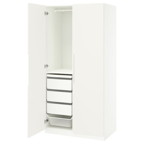 White PAX wardrobe open, showing shelves and mesh drawer.