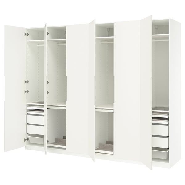 A white PAX wardrobe with multiple compartments and drawers, offering ample storage.