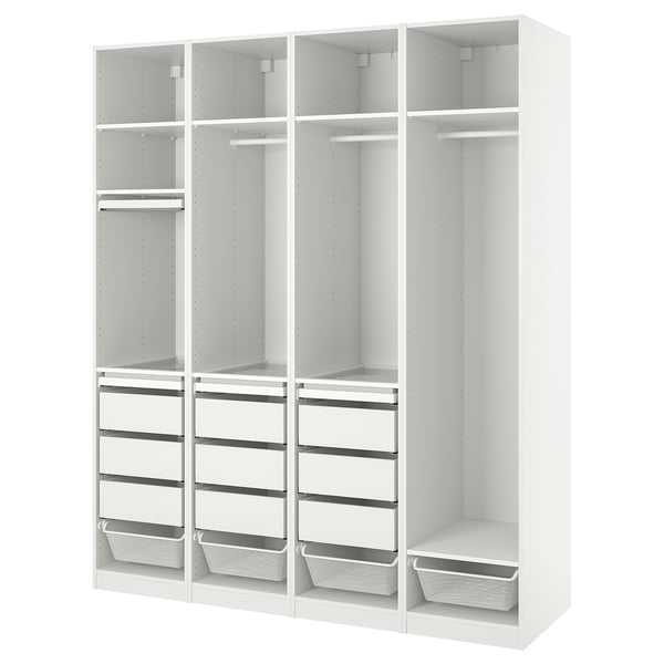 PAX wardrobe: white, four-section closet with shelves, drawers, and mesh baskets.
