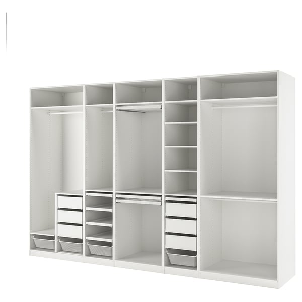 White PAX closet, enduring, sleek, organises efficiently, adjustable, includes shelves, drawers, and hanging space.