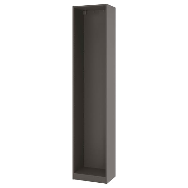 A grey PAX wardrobe frame. Its tall, rectangular, and empty inside, ready for assembly.