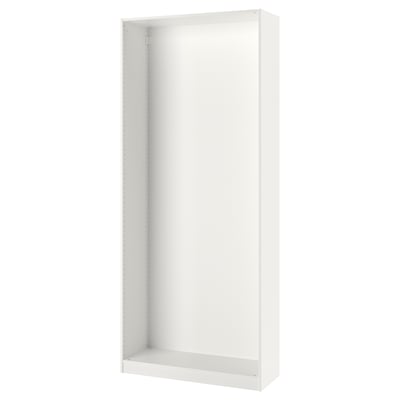 White PAX wardrobe frame, narrow design, adjustable feet, recycled paper material.