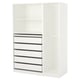 White PAX wardrobe with 5 drawers and 2 shelves. Slim design, ideal for organising clothes and accessories.