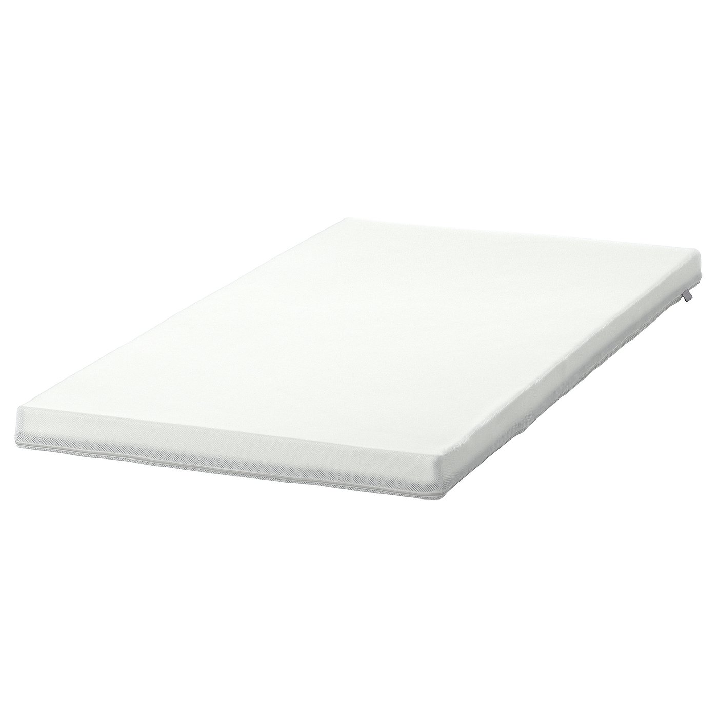 Displays a white, rectangular baby mattress with smooth surfaces, designed for safety and easy cleaning.