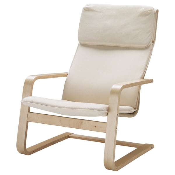 PELLO armchair: cream, birch wood, curved, cushioned, sleek design.