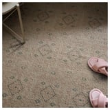 A beige wool rug with diamond patterns. A pair of pink sandals is on it.