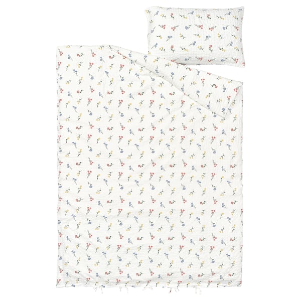 Duvet set: PILDVÄRGMAL with floral pattern, white with multicolor flowers, cotton-blend fabric, rectangular shape.
