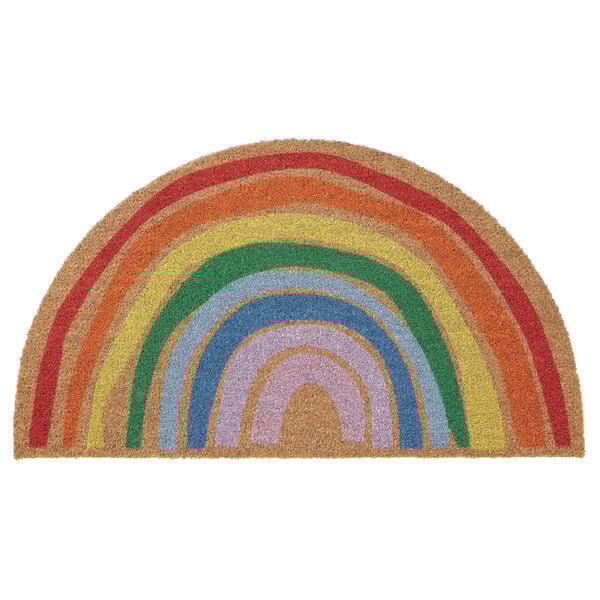 Bright rainbow-shaped coir doormat with various colors in a semi-circle design.