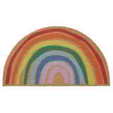 Bright rainbow-shaped coir doormat with various colors in a semi-circle design.