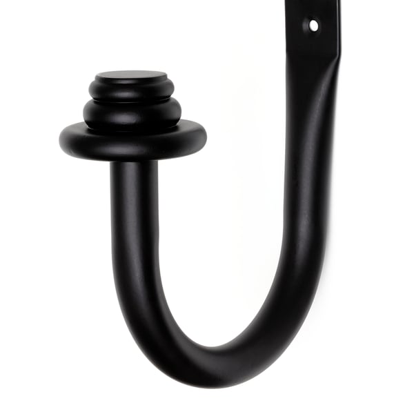 Black curtain tie-back hook with a glossy finish and end cap, designed for sturdy use.