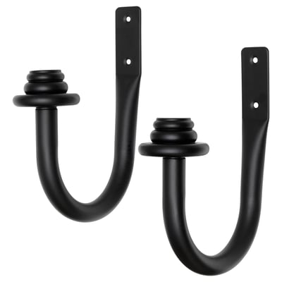 Image shows black PILÖRTSFLY curtain tie-backs, modern design with wooden finials.